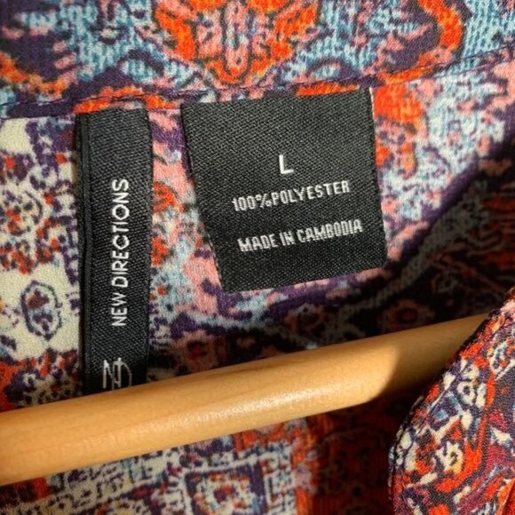 New Directions Boho Patchwork Blouse Large V-Neck Bell Sleeve Fall Top - Picture 6 of 10